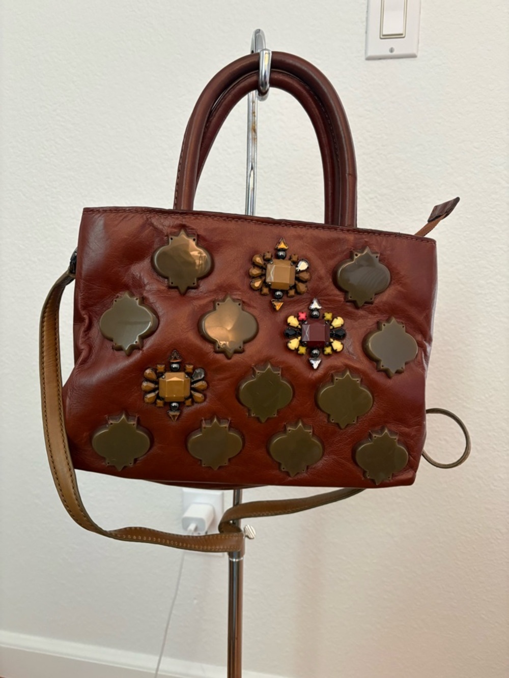 Maliparmi Brown Leather Satchel with Metallic and Jewel Accents
